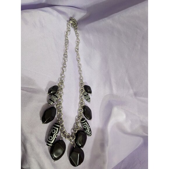 Chunky Silver Chain Necklace With Black & White Beaded Charms - Picture 2 of 2